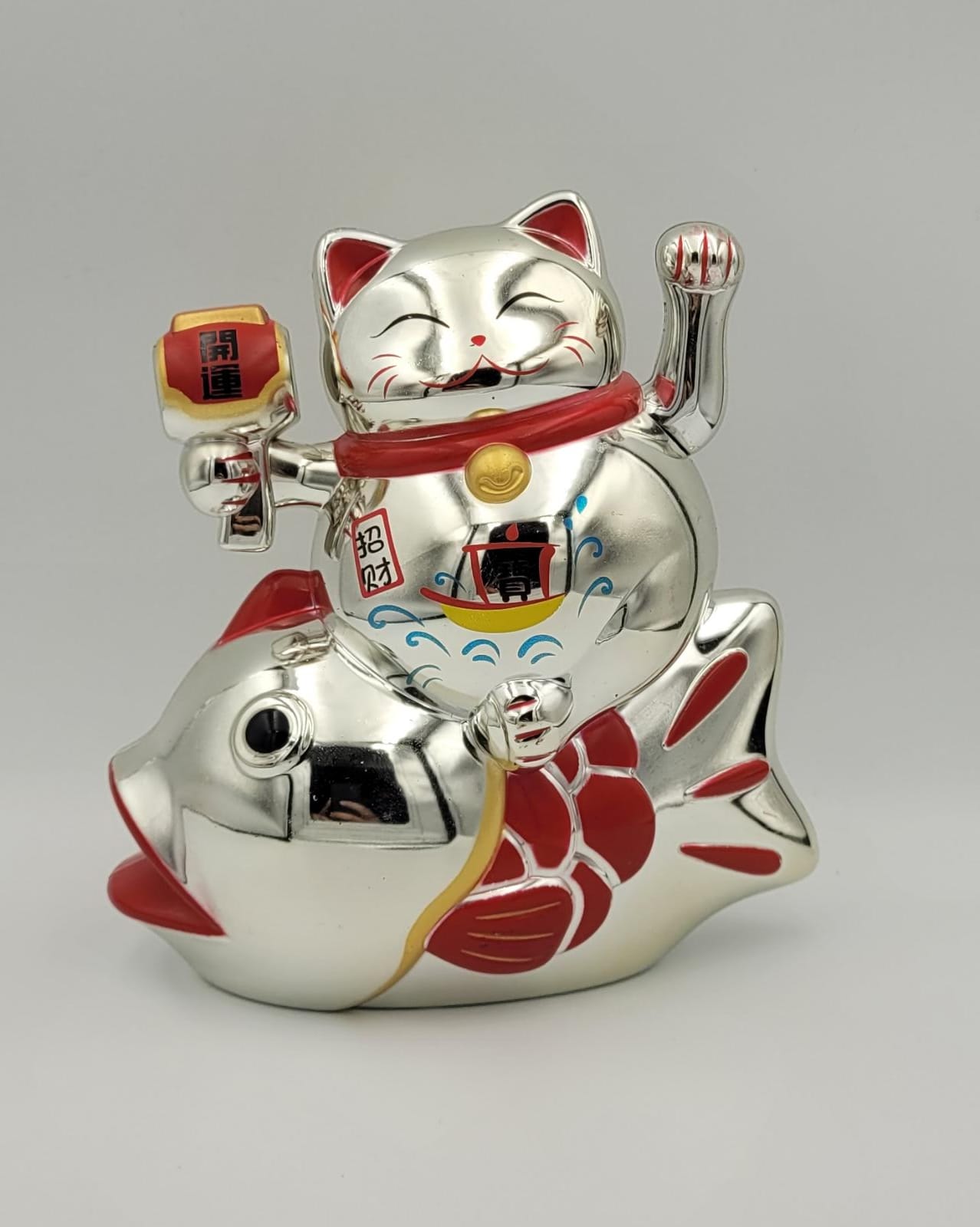 OAA-262813 Battery Gold/Silver Waving Hand Fortune Cat on Koi Fish (S)