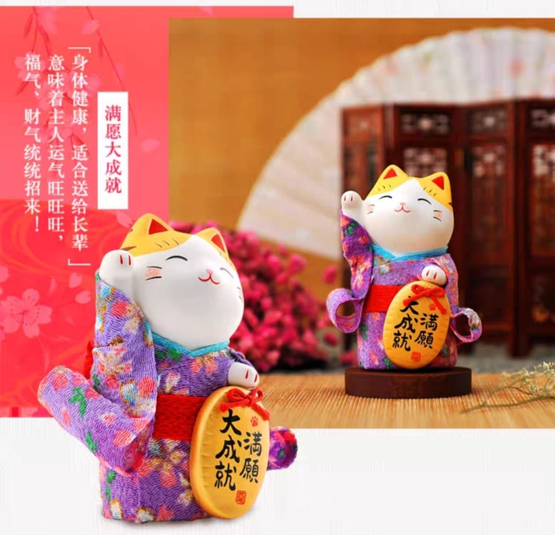 YS-401610-YS-441610 Yakushigama Standing Kimono Fortune Cat (S) (L)