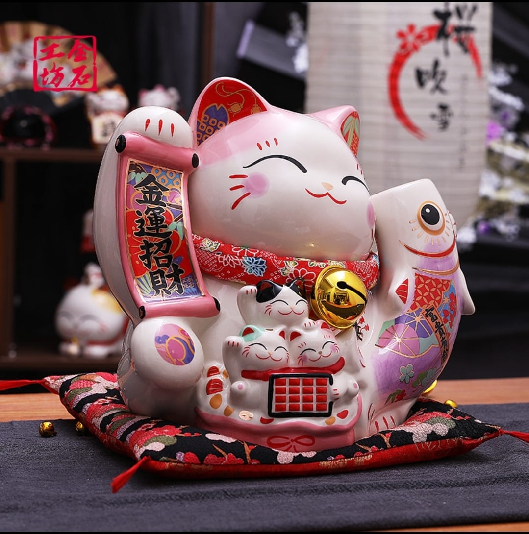 L-2251027 Jin Shi Gong Fang Large Pink Koi FIsh Fortune Cat (L)