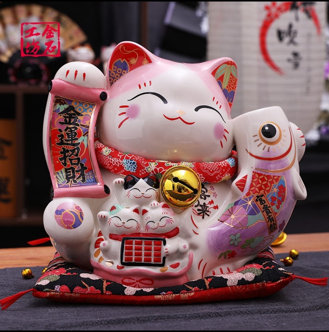 L-2251027 Jin Shi Gong Fang Large Pink Koi FIsh Fortune Cat (L)